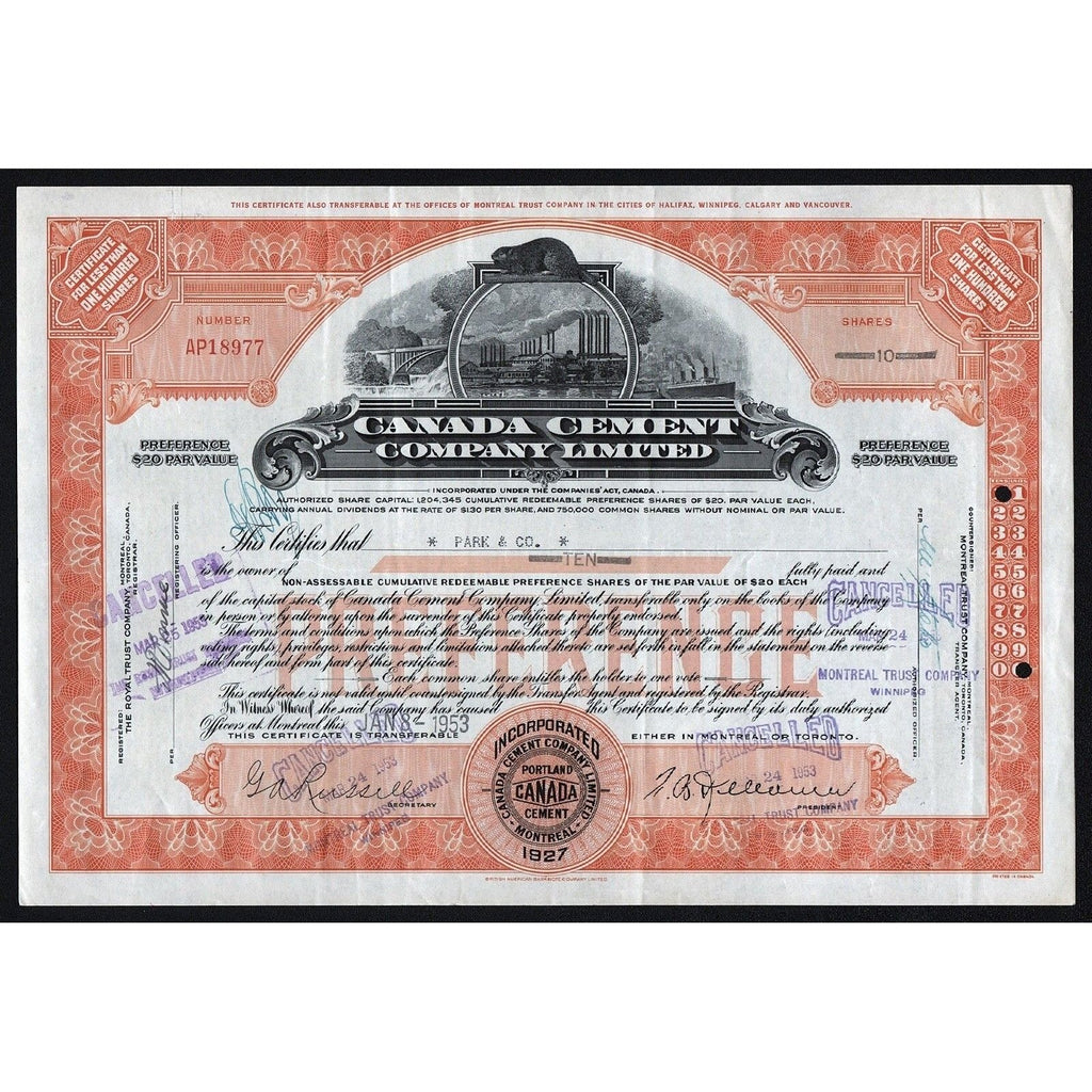 Canada Cement Company Limited Stock Certificate