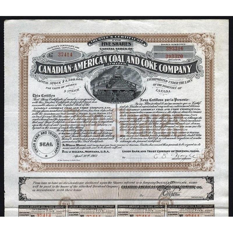Canadian-American Coal and Coke Company Limited 1903 Helena Montana Stock Certificate