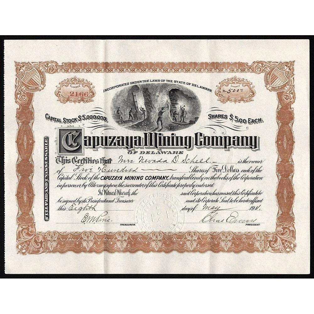 Capuzaya Mining Company Stock Certificate