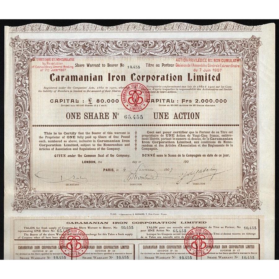Caramanian Iron Corporation, Limited 1907 Turkey France Stock Certificate