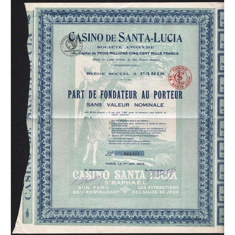 Casino de Santa-Lucia Societe Anonyme Stock Certificate