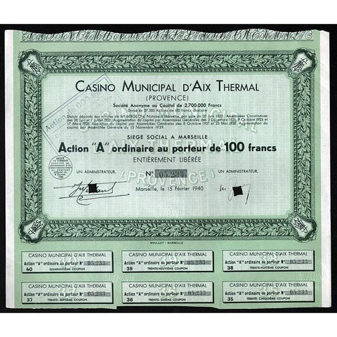 Casino Municipal d'Aix Thermal (Provence) Societe Anonyme Stock Certificate