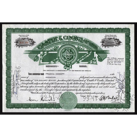 Castle & Cooke Limited (Honolulu, Hawaii) Stock Certificate