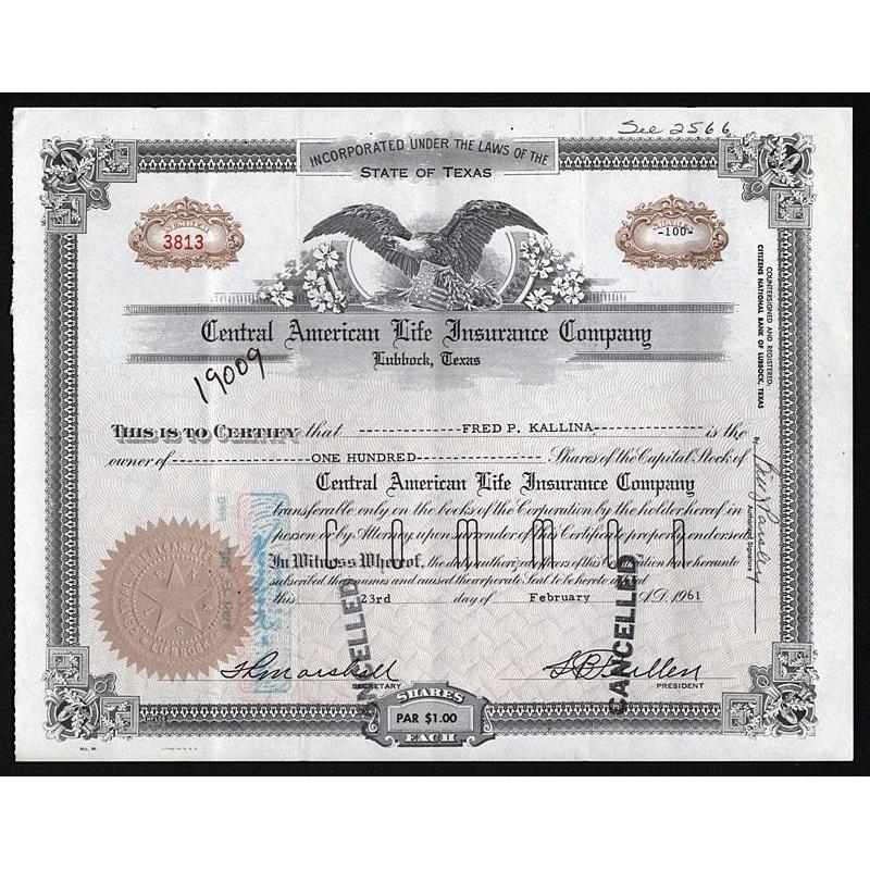 Central American Life Insurance Company (Lubbock, Texas) Stock Certificate