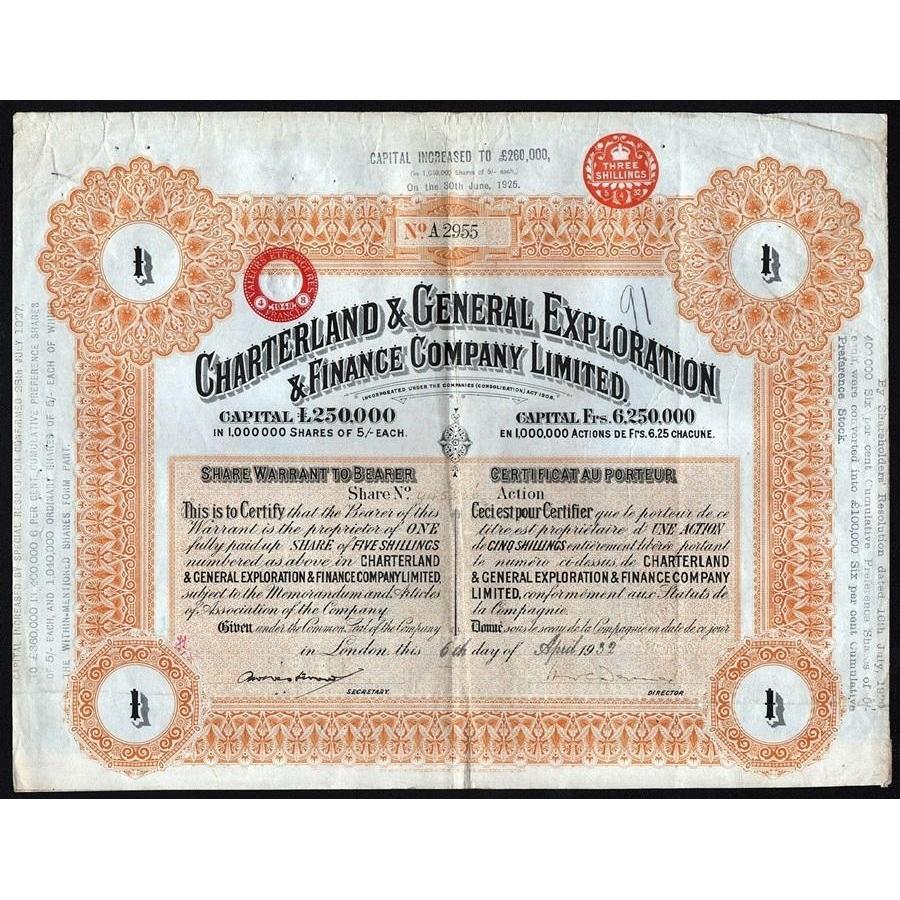Charterland & General Exploration & Finance Company Limited Stock Certificate