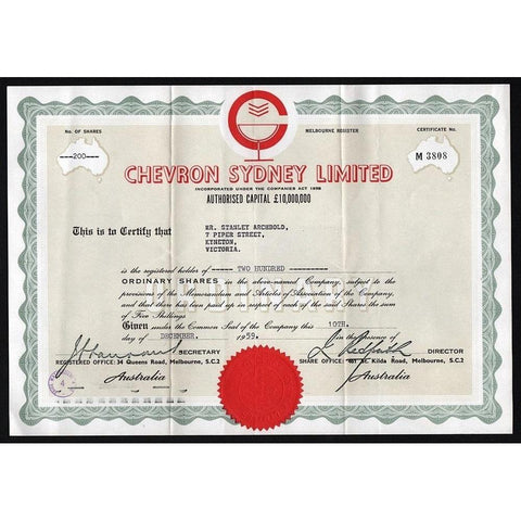 Chevron Sydney Limited (Melbourne Register) 1959 Australia Stock Certificate