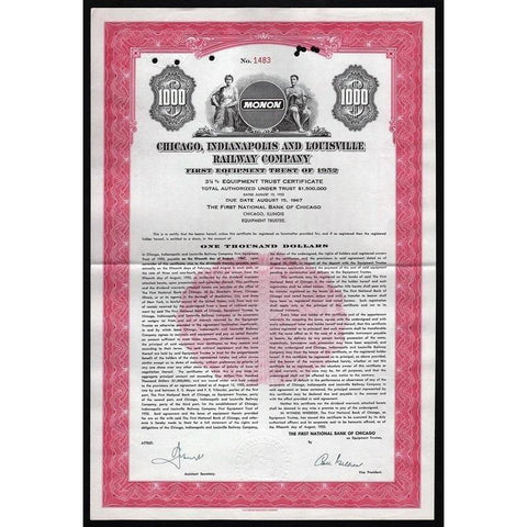 Chicago, Indianapolis and Louisville Railway Company Stock Certificate