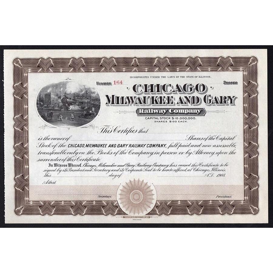 Chicago, Milwaukee and Gary Railway Company Stock Certificate