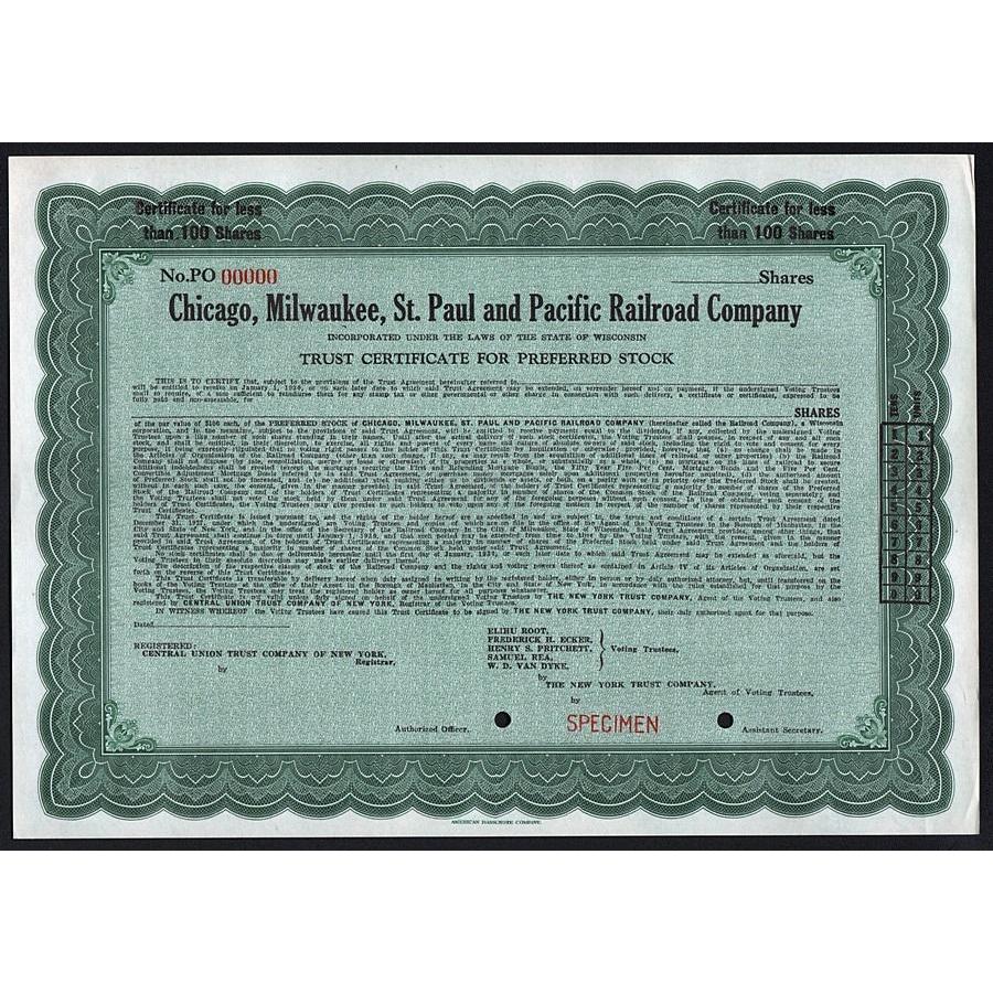 Chicago, Milwaukee, St. Paul and Pacific Railroad Company (Specimen) Stock Certificate