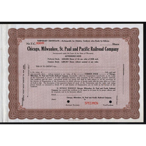 Chicago, Milwaukee, St. Paul and Pacific Railroad Company (Specimen) Stock Certificate