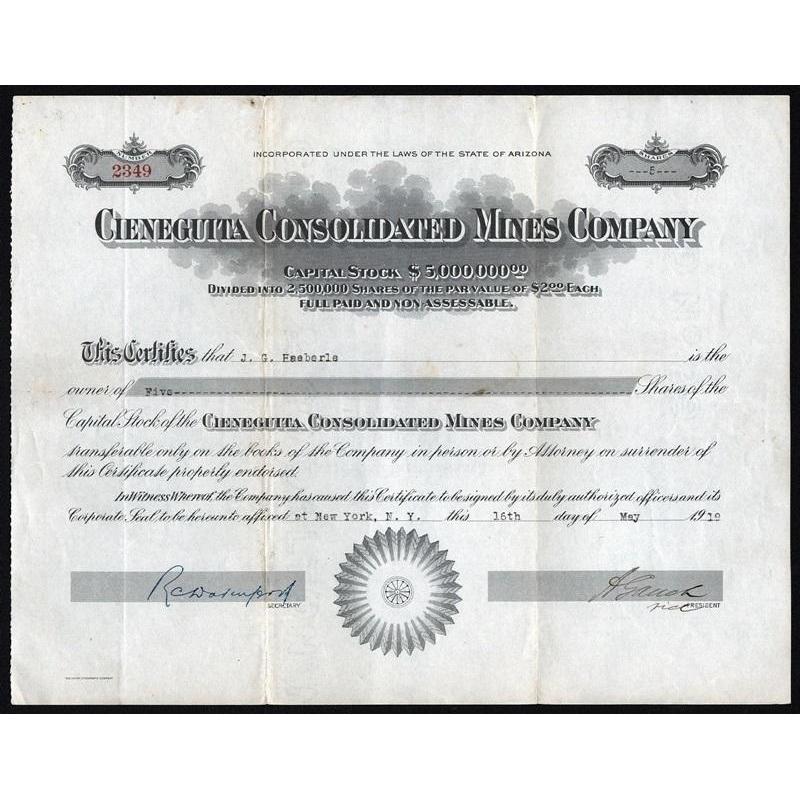 Cieneguita Consolidated Mines Company Stock Certificate