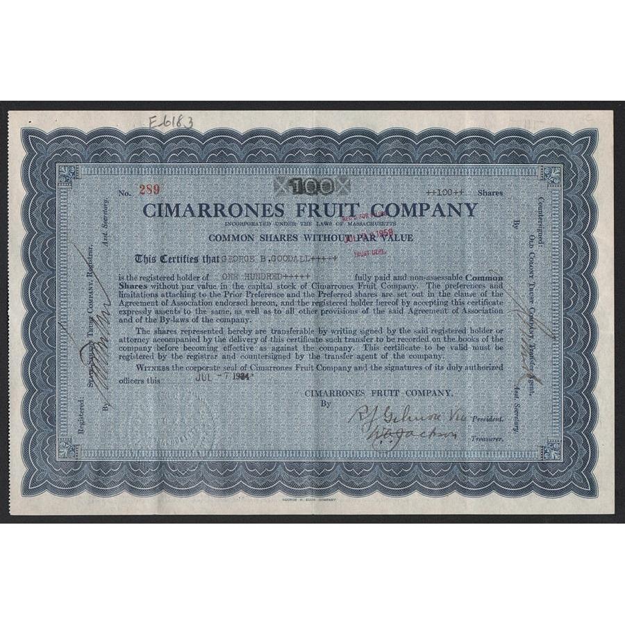 Cimarrones Fruit Company Stock Certificate