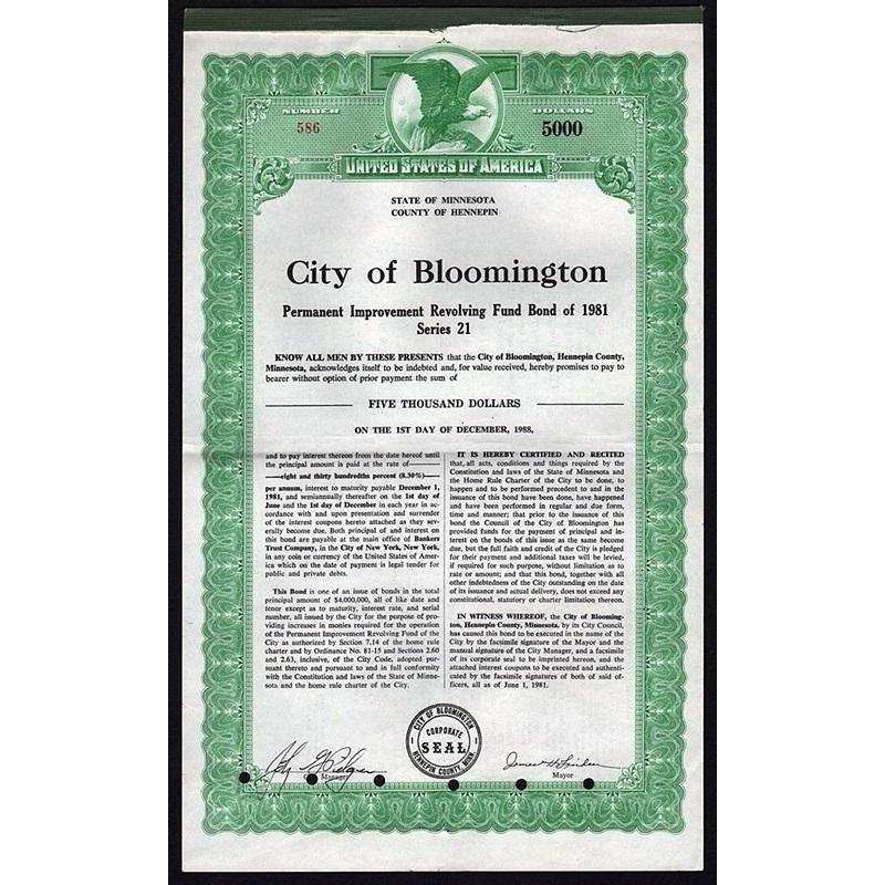 City of Bloomington, County of Hennepin, State of Minnesota Stock Certificate