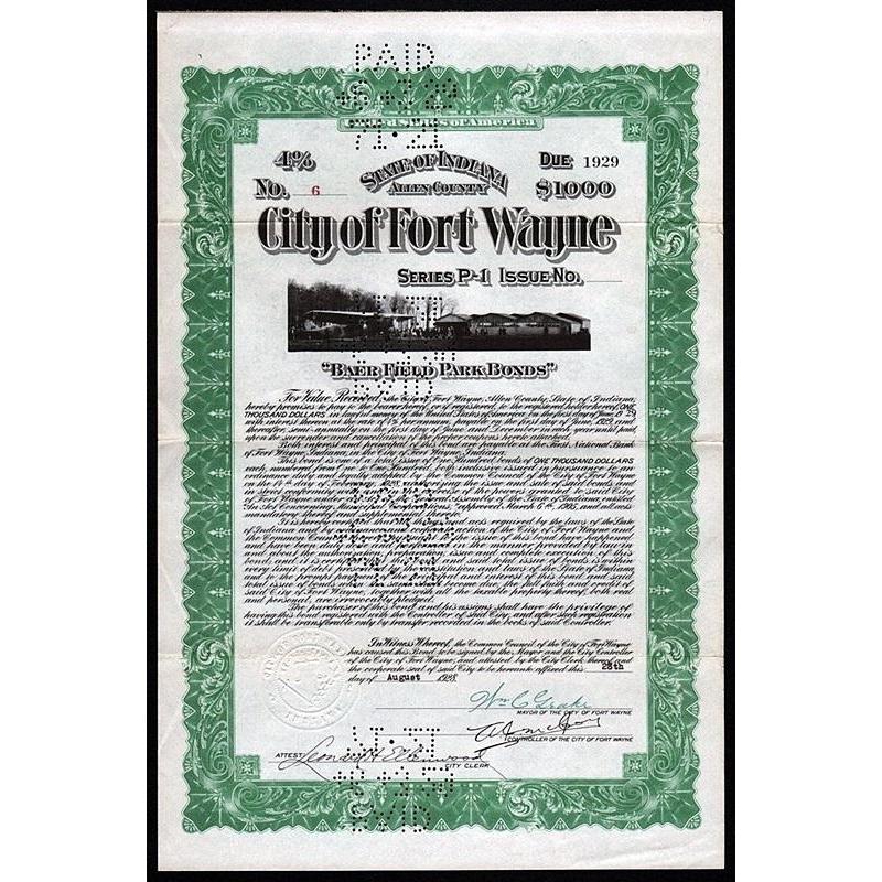 City of Fort Wayne, "Baer Field Park Bonds" Stock Certificate