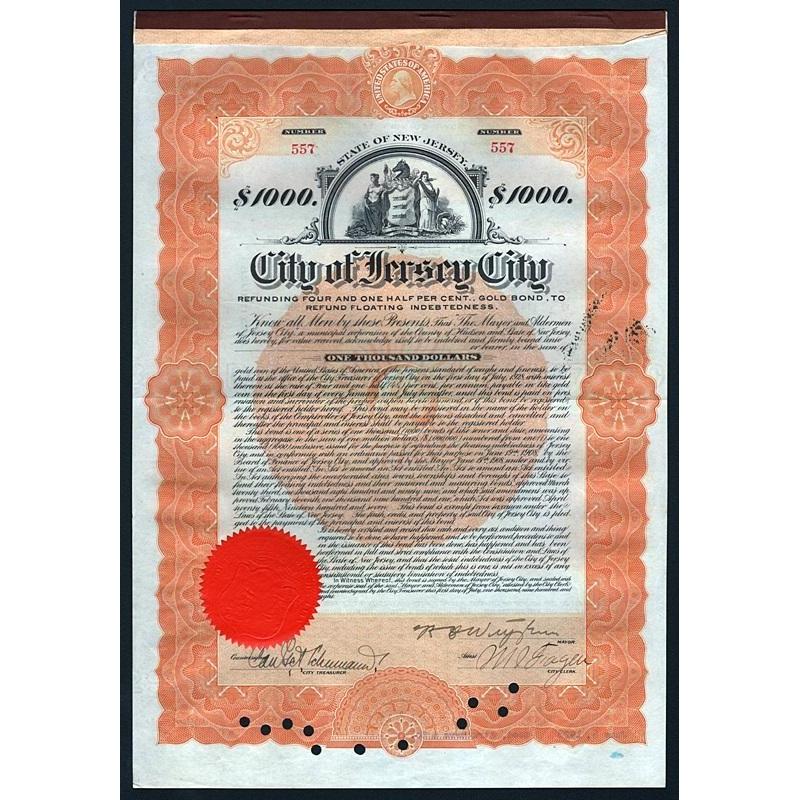 City of Jersey City, $1000 Gold Bond Stock Certificate