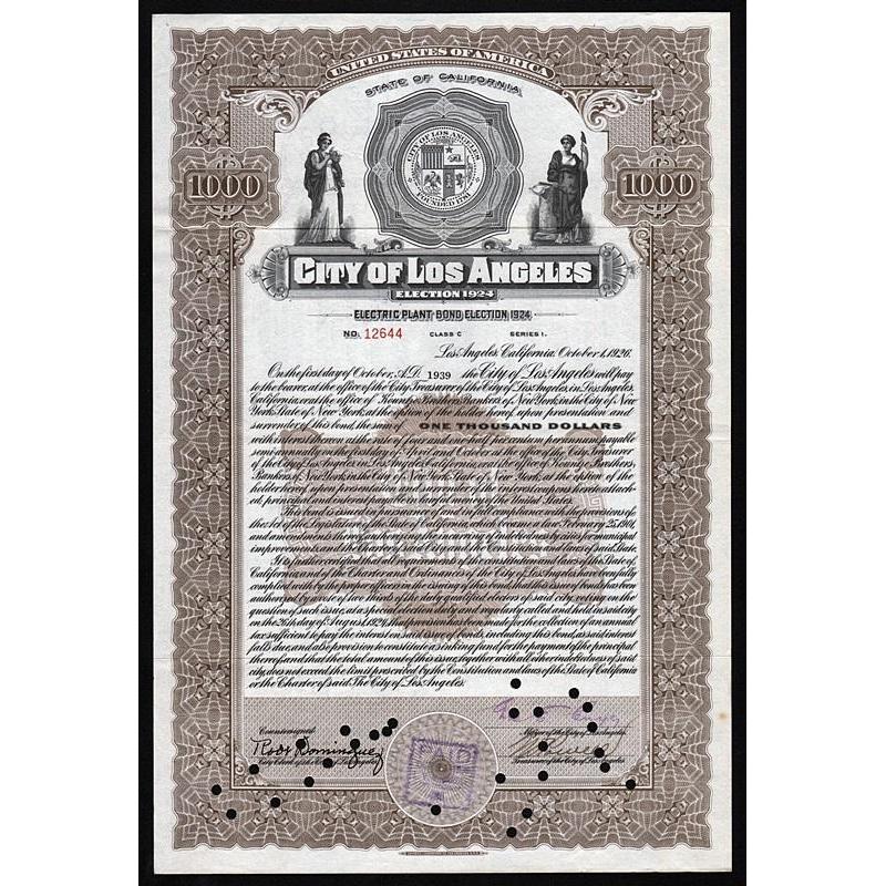 City of Los Angeles, Electric Plant Bond, Election 1924 Stock Certificate