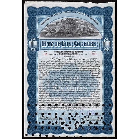 City of Los Angeles, Water Works Bond, Election 1922 Stock Certificate