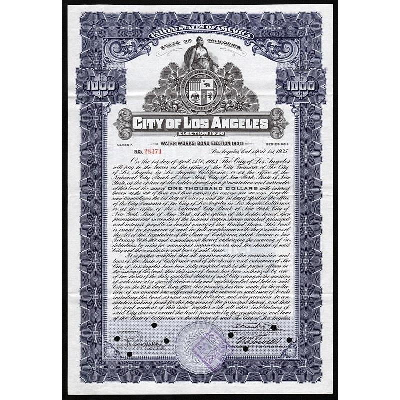 City of Los Angeles, Water Works Bond, Election 1930 Stock Certificate