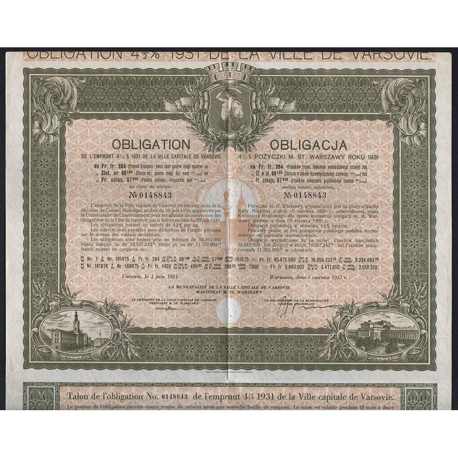 City of Warsaw, 4½% Obligation of 1931 Stock Certificate