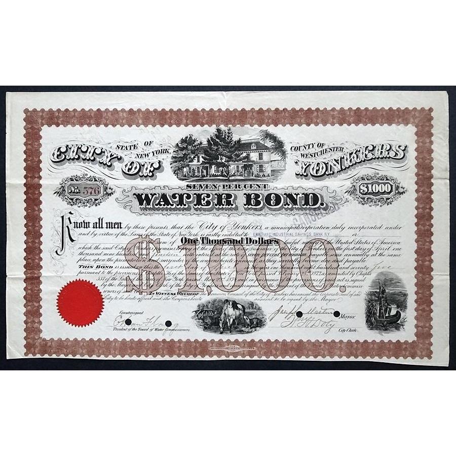 City of Yonkers Water 1875 New York Bond Certificate