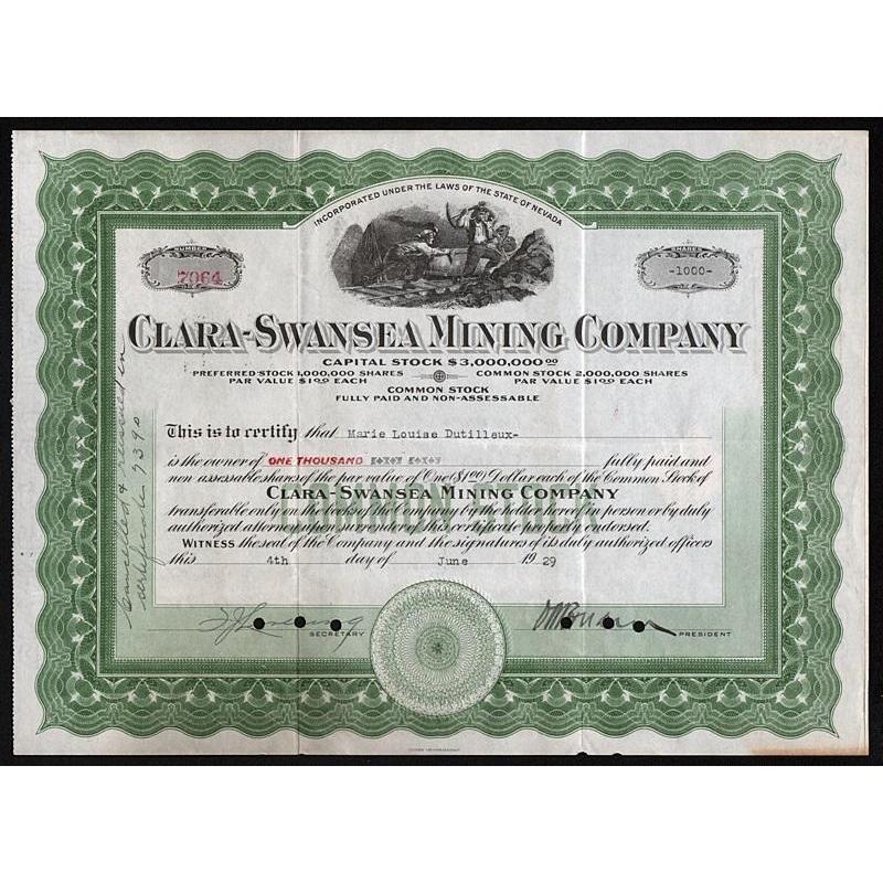 Clara-Swansea Mining Company Stock Certificate