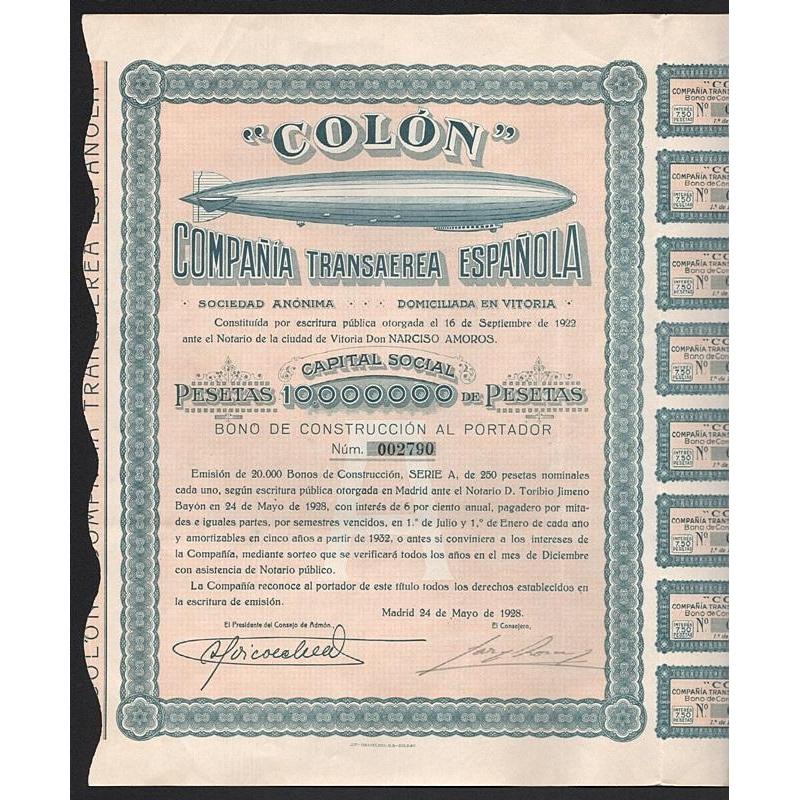 "Colon" Compania Transaerea Espanola Sociedad Anonima Stock Certificate