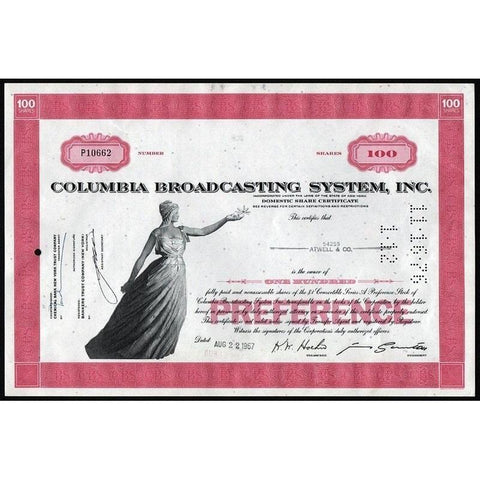 Columbia Broadcasting System, Inc. Stock Certificate