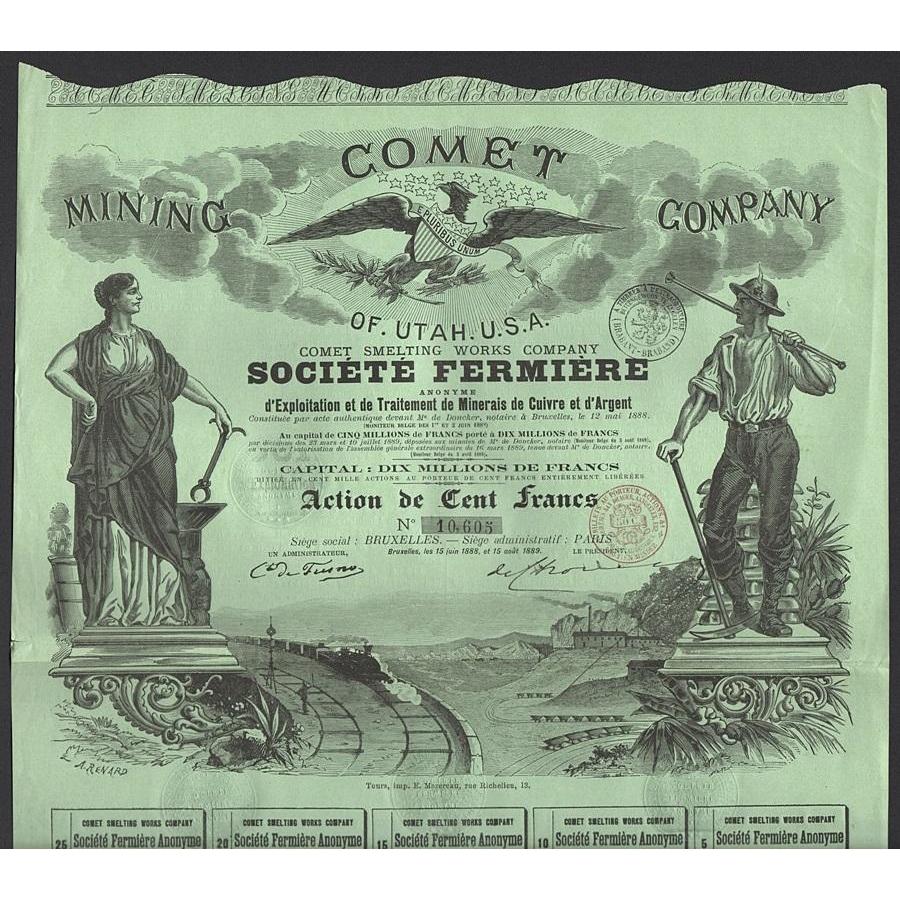 Comet Mining Company of Utah U.S.A. 1888 Frisco Stock Certificate