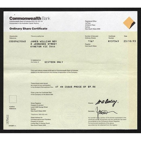 Commonwealth Bank of Australia Stock Certificate