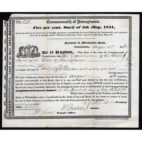 Commonwealth of Pennsylvania, Five per cent. Stock of 5th May, 1841 Stock Certificate