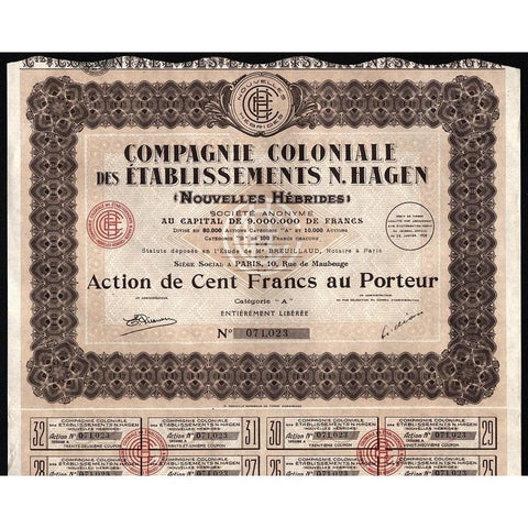 Compagnie Coloniale des Etablissements N. Hagen (Nouvelles Hebrides) S.A. Stock Certificate
