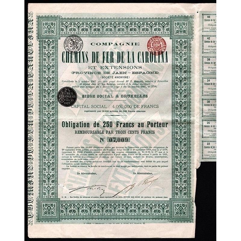 Compagnie de Chemins de Fer de la Carolina et Extensions (Province de Jaen - Espagne) Stock Certificate