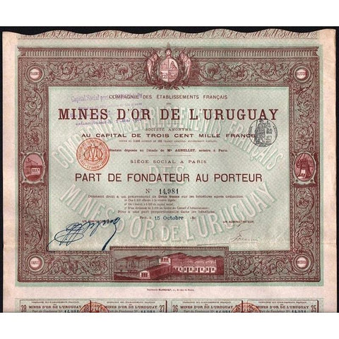 Compagnie des Etablissements Francaise des Mines D'Or de L'Uruguay Stock Certificate