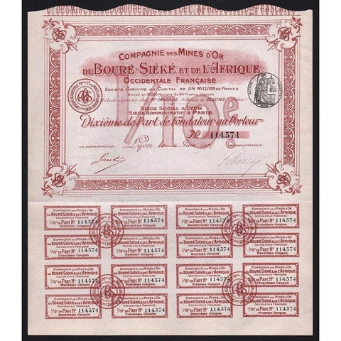 Compagnie des Mines d'Or du Boure-Sieke et de l'Afrique Occidentale Francaise Stock Certificate