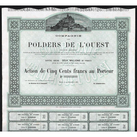 Compagnie des Polders de l'Ouest (Mont Saint Michel) Stock Certificate