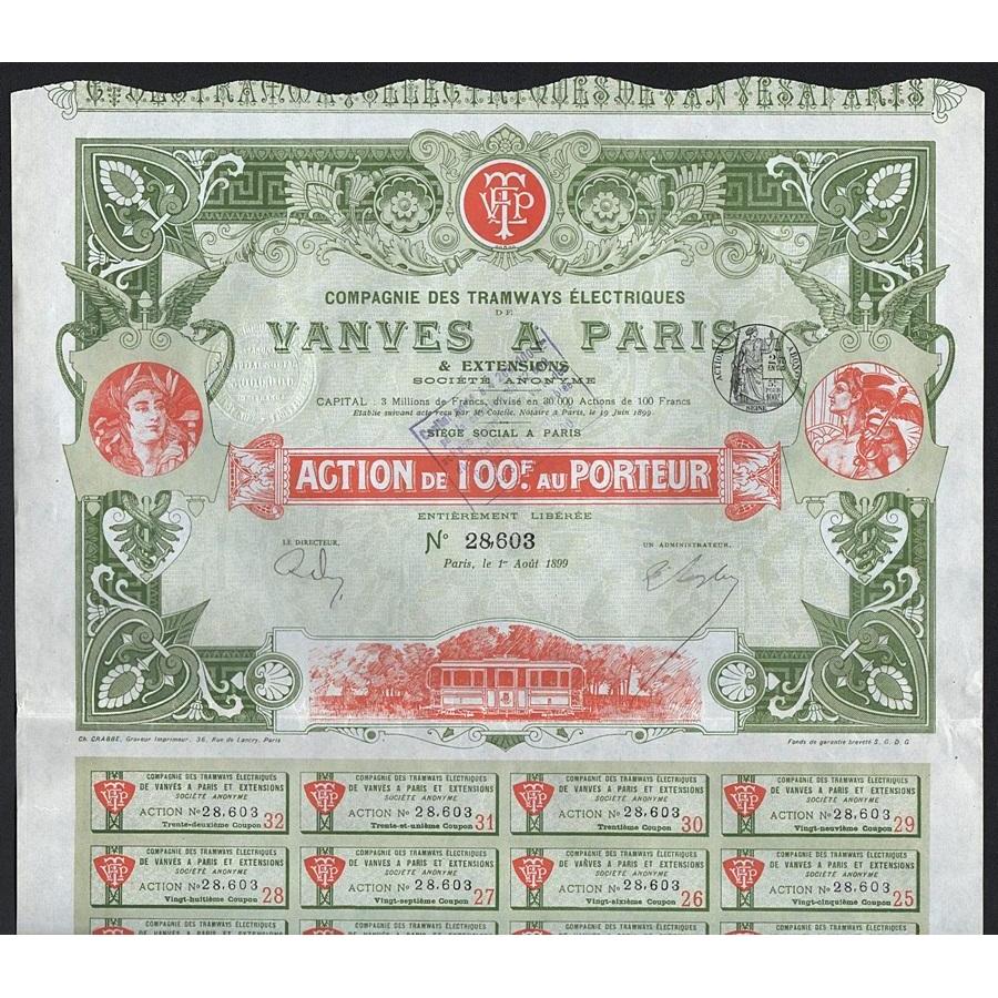 Compagnie des Tramways Electriques de Vanves a Paris 1899 Franca Stock Certificate