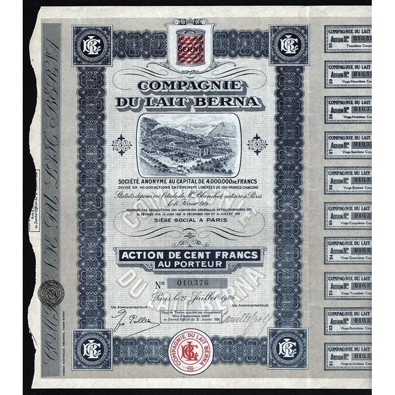 Compagnie Du Lait Berna Stock Certificate
