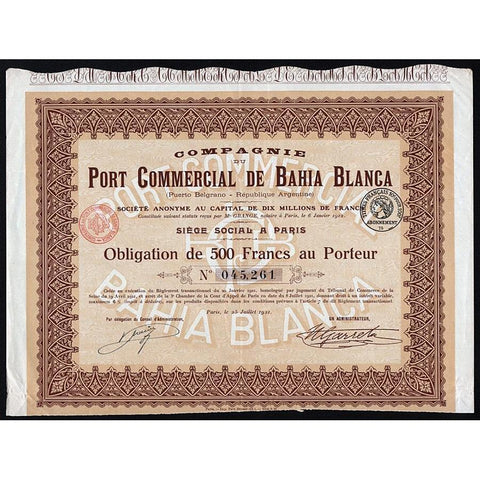 Compagnie du Port Commercial de Bahia Blanca (Puerto Belgrano - Republique Argentine) Stock Certificate