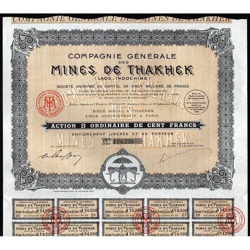 Compagnie Generale des Mines De Thakhek (Laos-Indochine) Stock Certificate