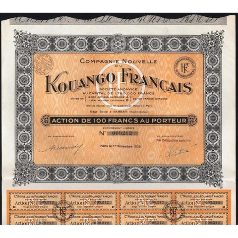 Compagnie Nouvelle du Kouango Francais Societe Anonyme Stock Certificate
