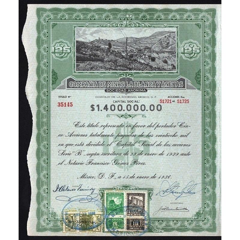 Compania de Minas la Blanca y Anexas 1936 Mexico Stock Certificate