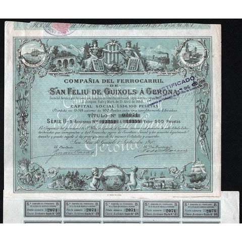 Compania del Ferrrocarril de San Feliu de Guixols a Gerona Stock Certificate