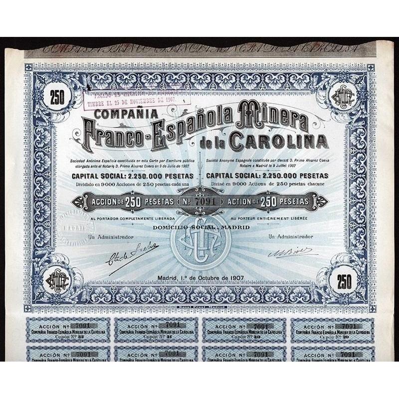 Compania Franco-Espanola Minera de la Carolina Stock Certificate
