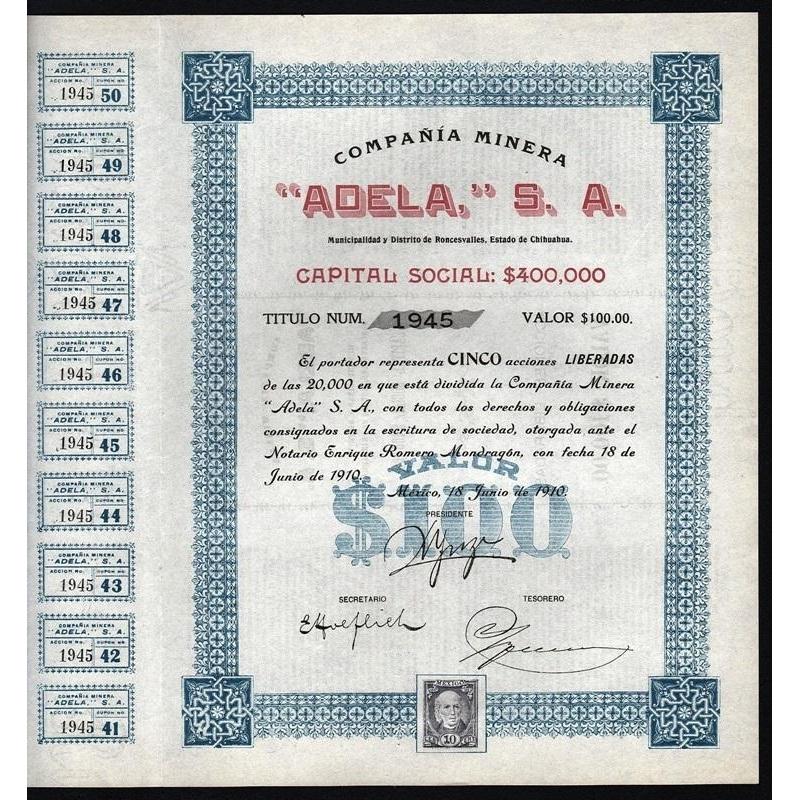 Compania Minera "Adela," S.A. Stock Certificate