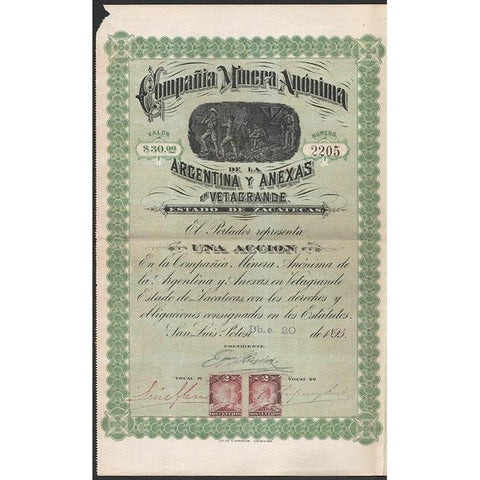 Compania Minera Anonima de la Argentina y Anexas en Vetagrande (San Luis, Potosi) Stock Certificate