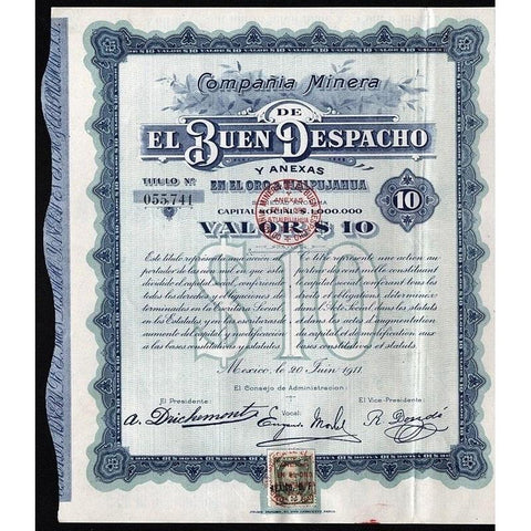 Compania Minera de El Buen Despacho y Anexas en el Oro y Tlalpujahua Stock Certificate