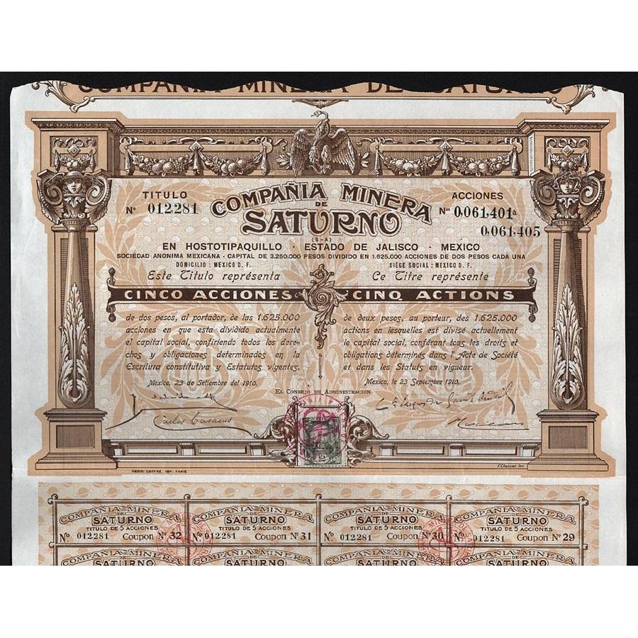 Compania Minera de Saturno (S-A), En Hostotipaquillo, Estado de Jalisco, Mexico Stock Certificate