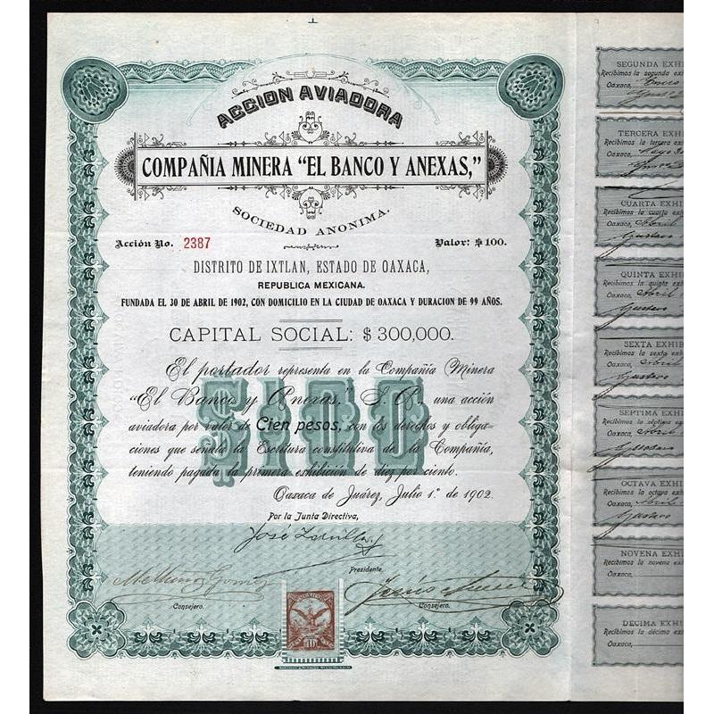 Compania Minera "El Banco y Anexas", Sociedad Anonima Stock Certificate