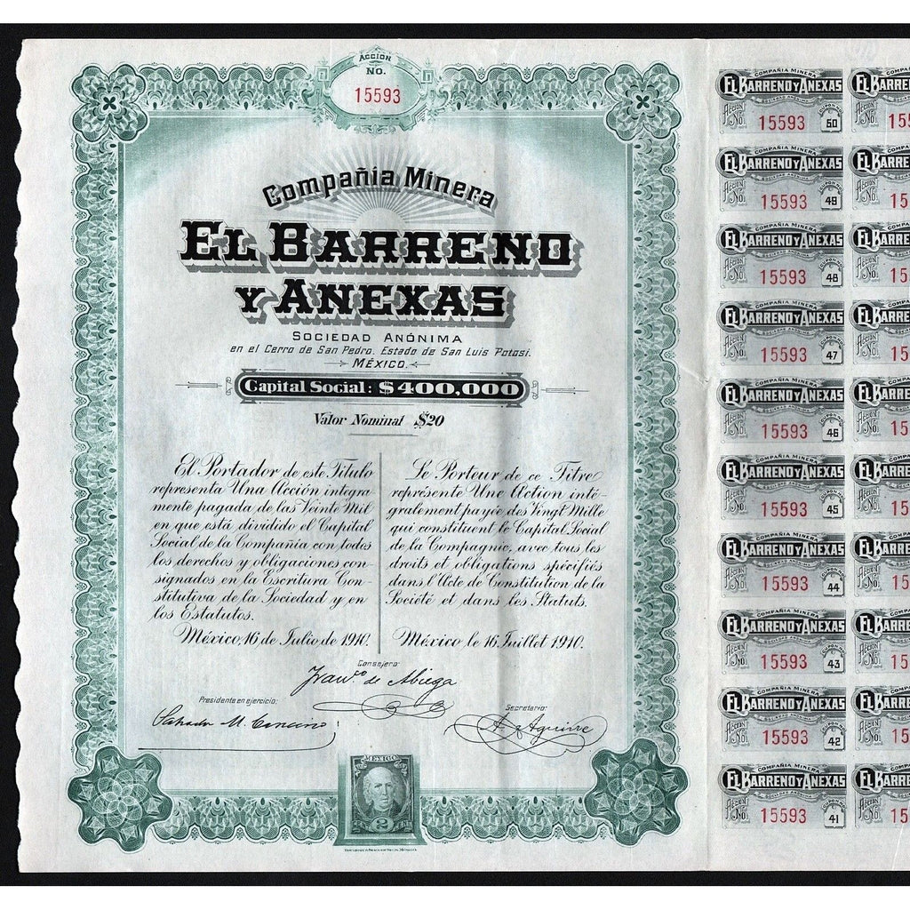 Compania Minera El Barreno y Anexas S.A. (San Luis Potosi) Stock Certificate