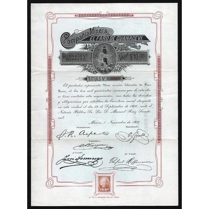 Compania Minera el Faro de Guanacevi Sociedad Anonima, Guanacevi, Durango Stock Certificate